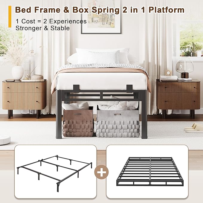 ROIL 24 Inch Twin XL Bed Frame, Metal Bed Frame & Box Spring 2 in 1 Platform with Round Corner Legs, 4000LBS Double Layer Bed Frame with Headboard Holes Mattress Baffles, Noise-Free Easy Assembly