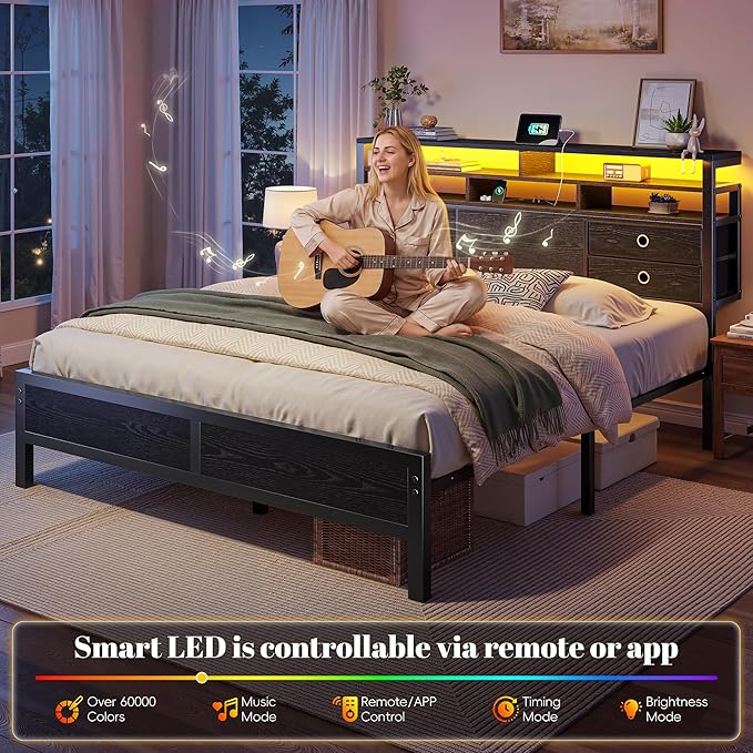 Homkdom Queen Bed Frame with 2-Tier Storage Headboard and 4 Drawers,Queen Size Bed Frame with LED Lights & Charging Station,Metal Queen Frame 1100LB-Heavy Duty for Apartment,Guest Room,Modern Black
