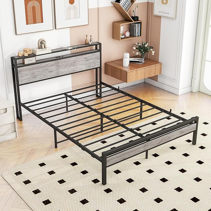 BOFENG Queen Bed Frame with Wood Headboard Storage,Heavy Duty Metal Platform Bed Frame Queen Size with Charging Station,Reinforced Steel Slats Support,No Box Spring Needed,Noise Free,Greige