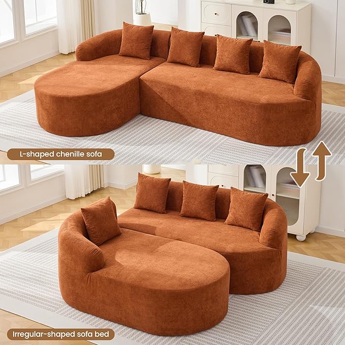 Boneless L Shaped Sofa Couch, Oversized Sectional Curved Cloud Sofa with Chaise Lounge, Chenille 4 Seats Deep Seat Couches for Living Room, No Assembly, Orange