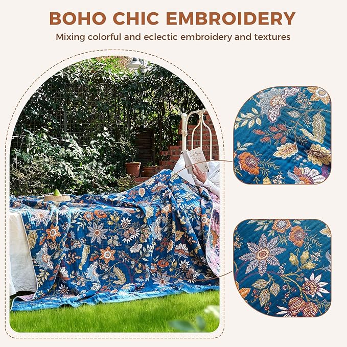 LUTBM Boho Throw Blanket for Bed Cotton Spring Blankets Bedroom Living Room Twin All Season Lightweight Floral Embroidery Quilt for Couch Sofa Chair 60"x80"