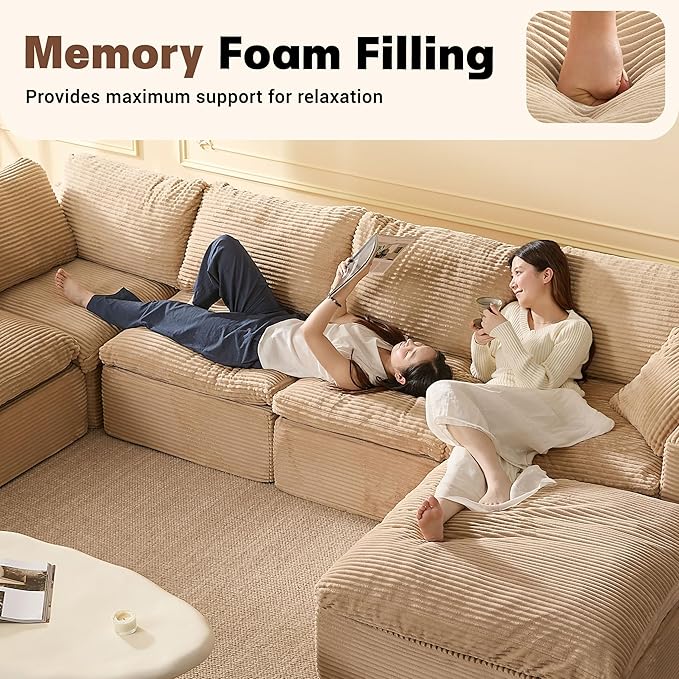 137.8” Sectional Couches for Living Room, Set of Cloud Couch, Modular Sectional Sofa, Convertible Sofas Bed, Deep Seat Sofa, U Shaped Cozy Sofa Furniture Set, Corduroy, Camel