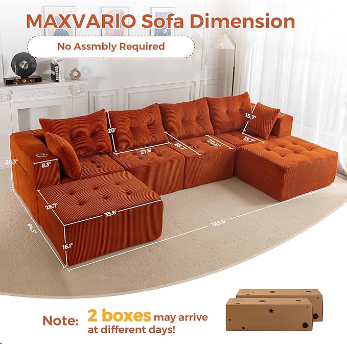 MAXYOYO 129.5" Modular Sectional Sofa Couch, U Shaped Modern Cloud Couch with 2 Ottomans, Sofa in A Box, Tufted 6-Seat Boneless Sleeper Chair for Living Room, No Assembly Required, Orange