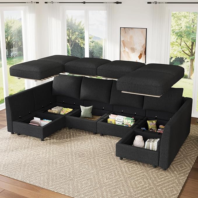 HONBAY Modular Sectional Sofa Couch with Storage, Modern U Shaped Sectional Sofa, Convertible Sectional Couch for Living Room - Linen Grey