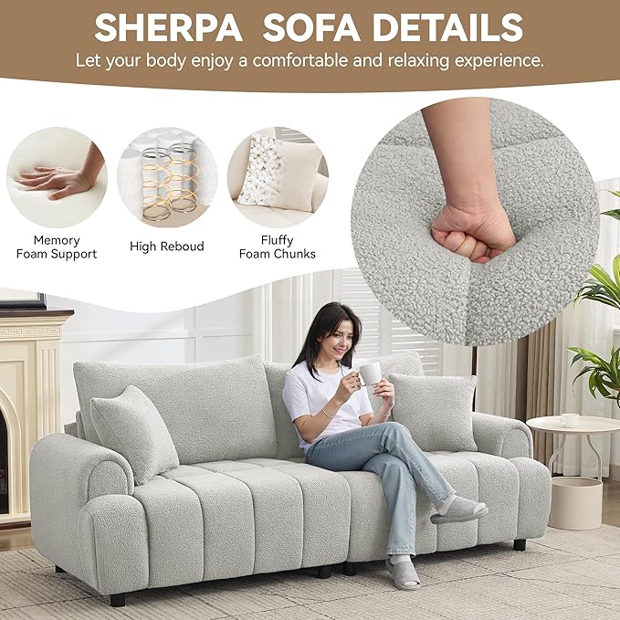 88 "Modern Boucle Sofa Couch, Oversized Comfy 3 Seater Sherpa Curved Sofas Deep Seat, Upholstered Loveseat Teddy Round Arm Couches for Living Room, Bedroom, Light Grey