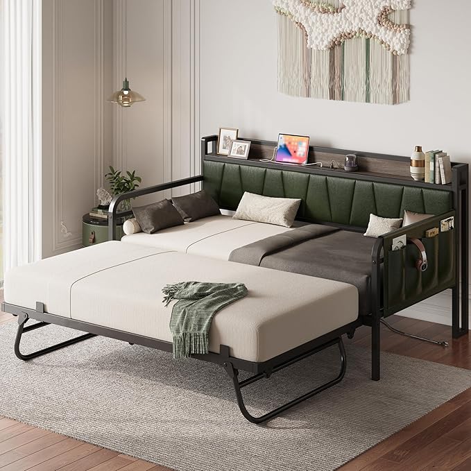 LIKIMIO Daybed with Trundle Bed, Twin Bed Frame with Storage Headboard and Charging Station, Sofa Day Bed with Strong Supports for Living Room, Bedroom, and Guest Room, Dark Green