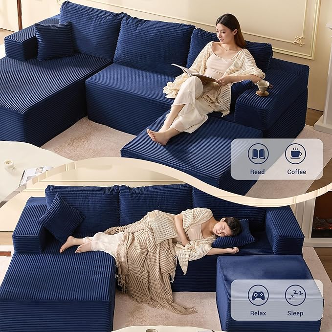 107" Boneless Couch with Deep Seat, Set of Modular Sectional Sofa, Cloud Sectional Couch for Living Room, No Assembly Required, Corduroy, U-Shape 3 Seater Left, Blue