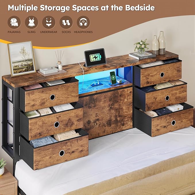Homkdom Full Size Bed Frame with 8 Fabric Storage Drawers, LED Lights & Charging Station, Metal Platform Bed Frame with Headboard Storage,No-Noise,Easy Assembly,Modern Brown