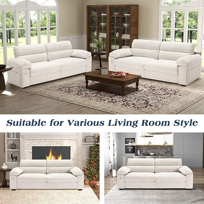 WorthFurni Sofas for Living Room, Chenille Pillow-Armrest Loveseat Couch Set, Small Sofa, 3 Seater Sofa, USB Charging, Removable Sofa Cover, Solid Wood Frame, Easy to Install (90.5 inch, Beige)
