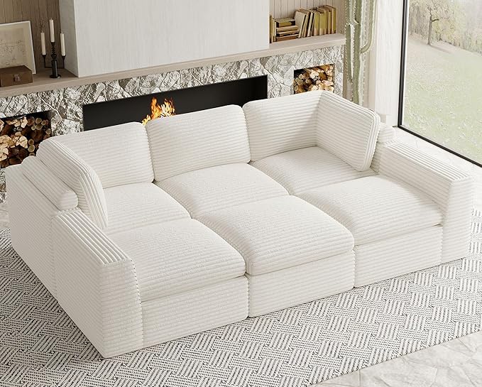 Cloud Sectional Sleeper Sofa Bed 6-Seater Plush Corduroy Modular Sectional Sofa Couches for Living Room with Ottoman. White Couch.