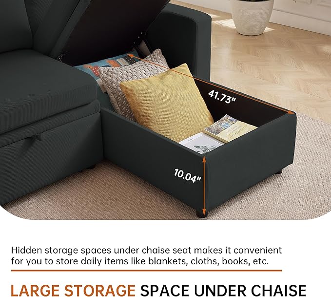 79" Sleeper Sofa Bed, Convertible Sofa Pull Out Couch with Storage | Reversible Chaise | L Shaped | Layered Storage | 3-Seater Comfy Sectional Couch Pullout Bed for Living Room, Black