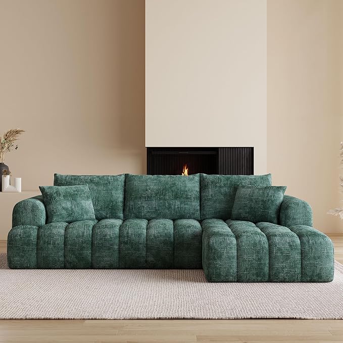 108" Cloud Sectional Couches for Living Room, Boneless L-Shaped Sofa with Pillow 3 Seater Modular Sectional Sofa (Dark Green)