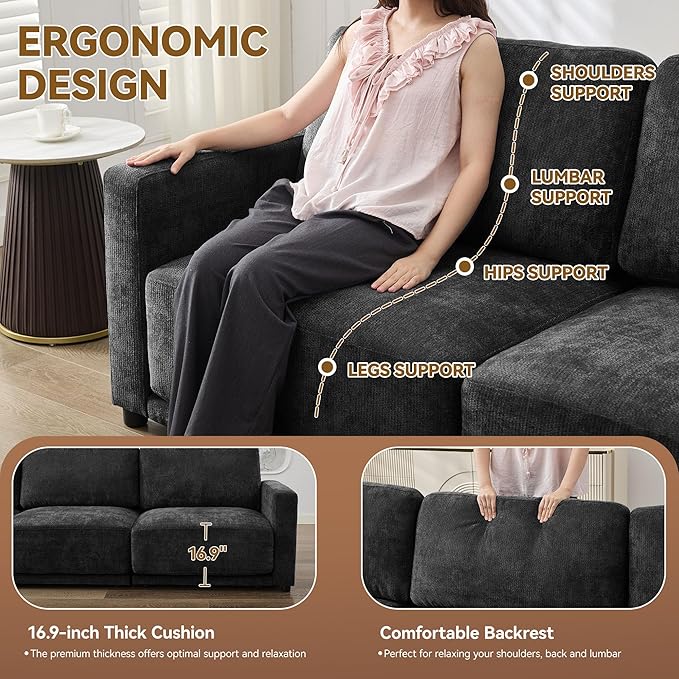 44.2" Chenille Oversized Chair with Movable Ottoman, Modular 1 Seat Couch with Thickened Cushions, Modern Single Sofa Chaise Lounge Reading Chair for Living Room, Small Apartment, Black
