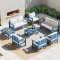 SERWALL 8 Pieces HDPE Outdoor Conversation Sofa Set with Cushions, All Weather Use Couch Loveseat Furniture with Side Table for Balcony, Deck, Poolside, Blue Frame with Khaki Cushions