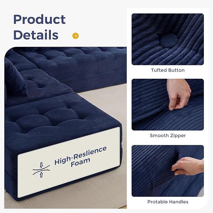 MAXYOYO Modular Sectional Sofa Couch, Foldable U Shaped Cloud Couch with Pillows, Tufted 6-Seat Boneless Sleeper Lounger Floor Sofa Bed for Living Room, No Assembly Required, Navy
