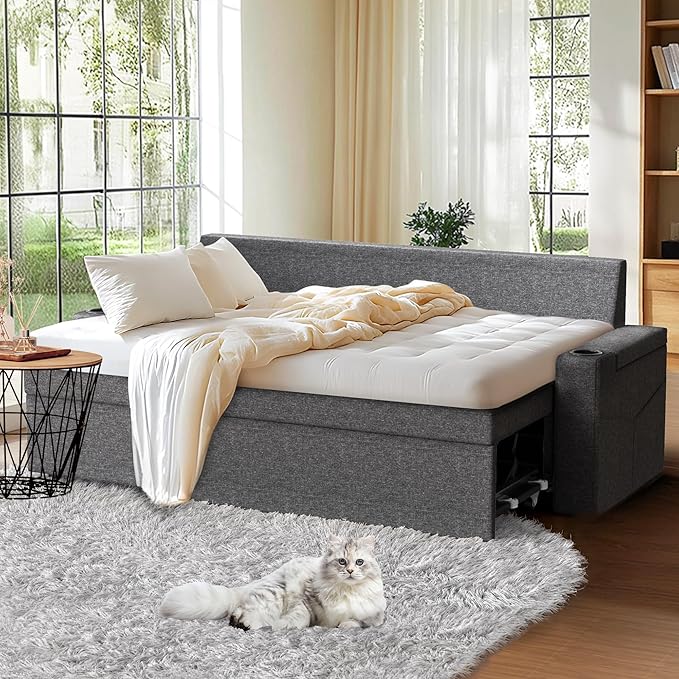 Pamapic 81" Sleeper Sofa with Armrest Storage,L-Shaped Sofa with Supportive Cushions,Cup Holders,Side Pockets,Pull Out Sleeper Sofa Bed,Pullout Sectional Sofa Couch with Large Storage,Gray