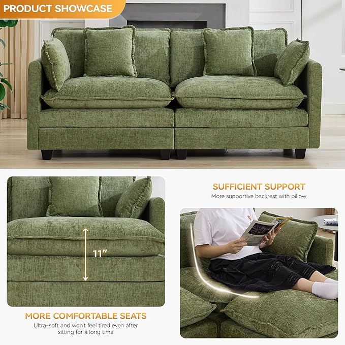 76'' Cloud Deep Seat Loveseat, Upholstered Chenille Modular 2-Seats Sectional Sofa Couch, Modern Comfy Settee Loveseat for Living Room Set, Small Apartment, Green