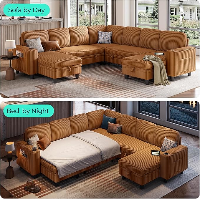 LINSY HOME Sectional Sleeper Sofa with Pull Out Couch Bed - Convertible Plush Corduroy Cloud Couches with Storage Chaise & USB Charging, Comfy Modular Couch for Living Room, Brown