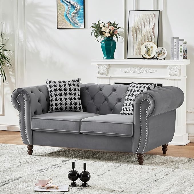 Comfortable Straight-Row Sofa with 2 Pillows,67" Refined Velvet 2 Seat Sofa with Roll Armrest & Nailhead,Sturdy Structure Upholstered Loveseat Couch for Apartment,Office,Reception Area,Grey