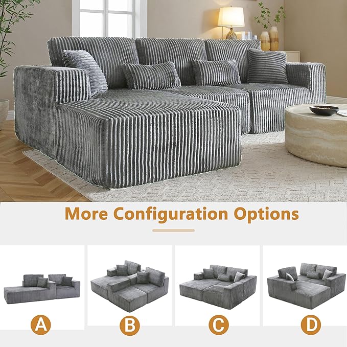 110" Cloud Sectional Couch, Modular Sectional Sofa with Deep Seat, Corduroy Upholstered Boneless Couch for Living Room Bedroom, Left Facing Chaise (Grey, 110" Right Facing Chaise)