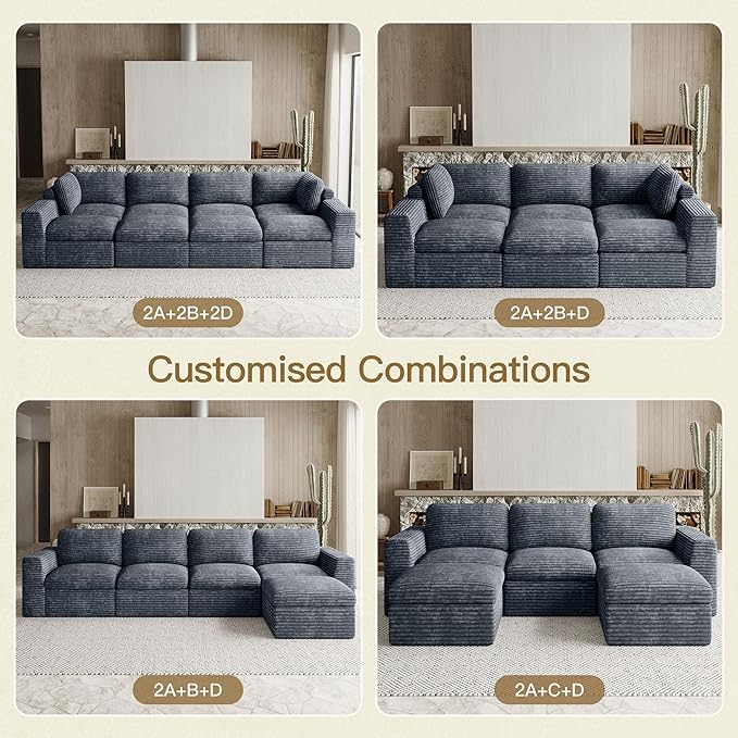 Belffin Boneless Cloud Modular Sectional Sofa with Deep Seat Plush Corduroy U Shaped Cloud Sectional Couches for Living Room No Assembly Required. Grey Couch