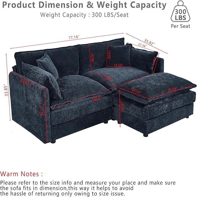Setawix Deep Loveseat Couch with Ottoman,Large L-Shaped 2 Seater Cloud Couches for Living Room,77.16" Chenille Cloud Sofas with Deep Seat,Modular Sectional 2 Seat Sofa for Bedroom (Blue, 2+1)