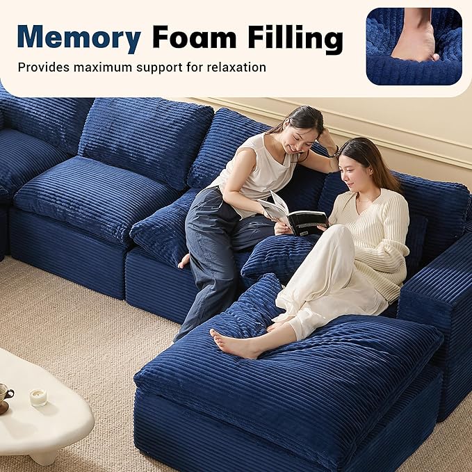 137.8” Sectional Couches for Living Room, Set of Cloud Couch, Modular Sectional Sofa, Convertible Sofas Bed, Deep Seat Sofa, U Shaped Cozy Sofa Furniture Set, Corduroy,Blue