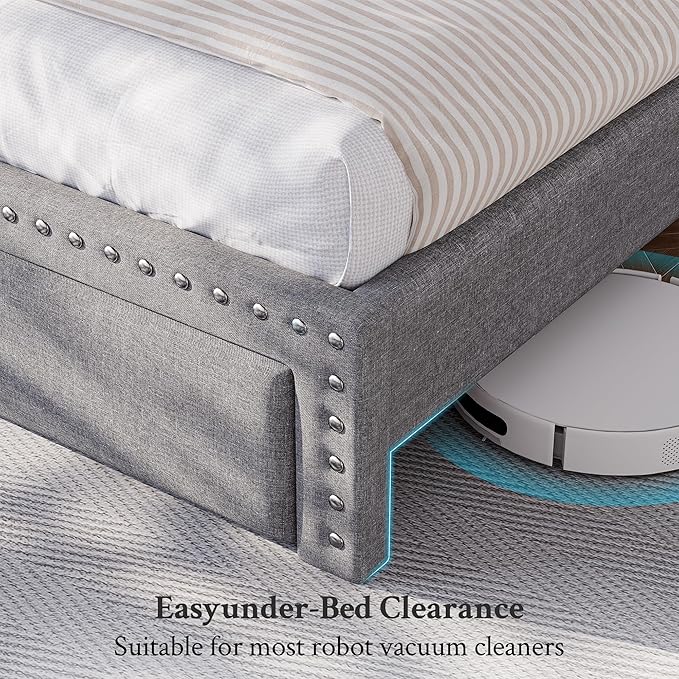 EnHomee Queen Size Bed Frame with 2 Storage Drawers Upholstered Queen Bed Frame with Headboard Solid Wood Slats,No Box Spring Needed,Noise-Free Extra Storage Space for Bedroom Apartment, Grey