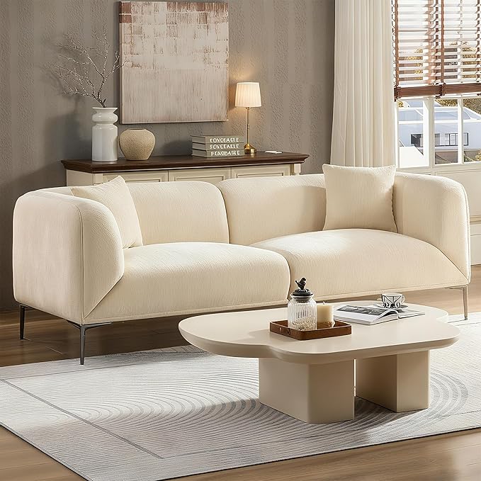 MEETAKING 82.68" Modern Sofa, 3-Seater Deep Seats Tuxedo Couch, Boucle Sofas with 2 Pillows, Minimalist Couches Straight with Metal Legs, High Armrests for Living Room,Bedroom,Home Office (Beige)