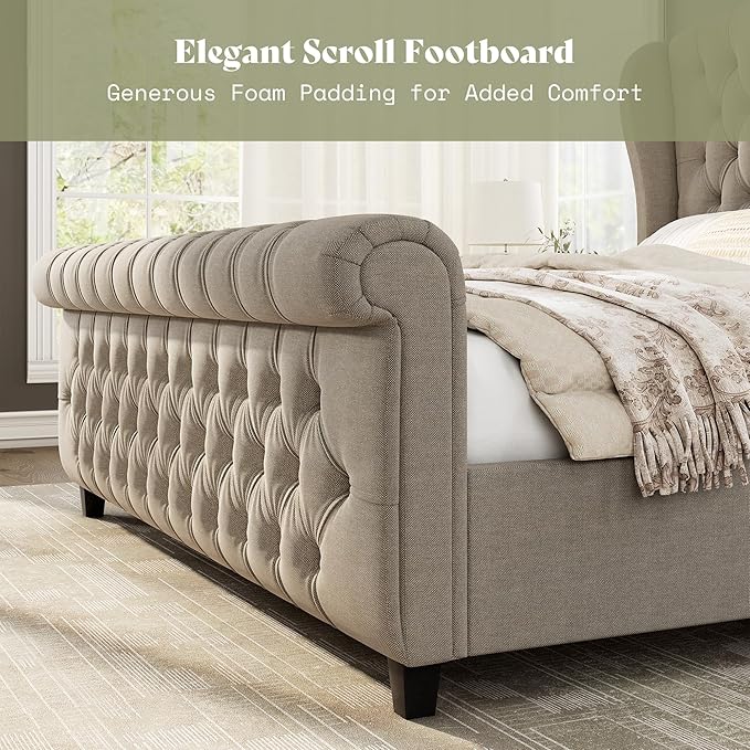 AMERLIFE California King Size Platform Bed Frame, Linen Upholstered Sleigh Bed with Scroll Wingback Headboard & Footboard/Button Tufted/No Box Spring Required/Khaki