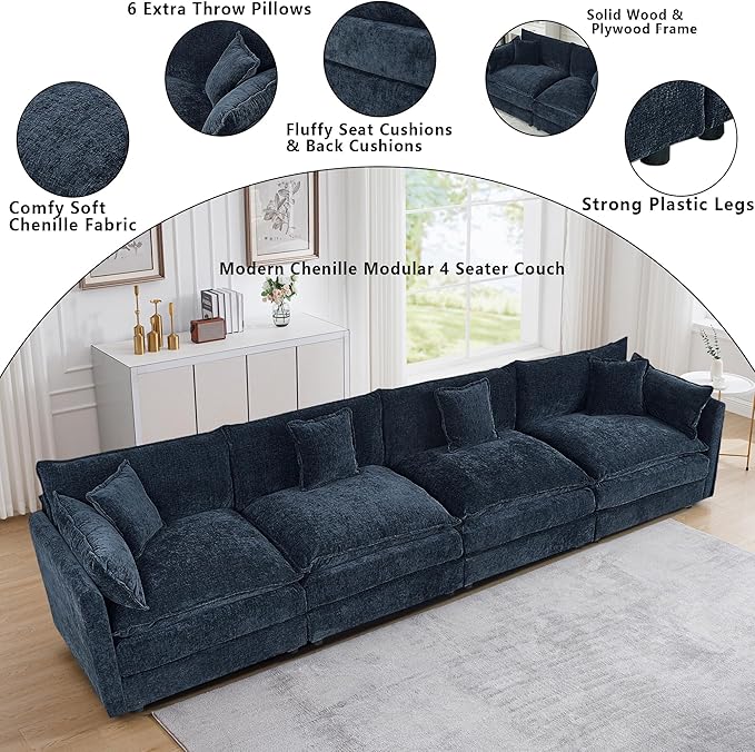 Setawix Chenille Cloud Couches for Living Room,4 Seater Cloud Sofa Couch with Deep Seat,147.22" Roomy Cloud Sofas,Modular Sectional 4 Seat Sofa with Pillows for Bedroom (Blue, 4 Seater)