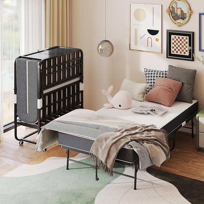 AQY Folding Rollaway Bed with 5" Memory Foam Mattress, 3.15" Lift Adjustable Headboard, 75"x38", Heavy Duty Metal Frame on Wheels, Portable for Adults/Guests, Assembly Required