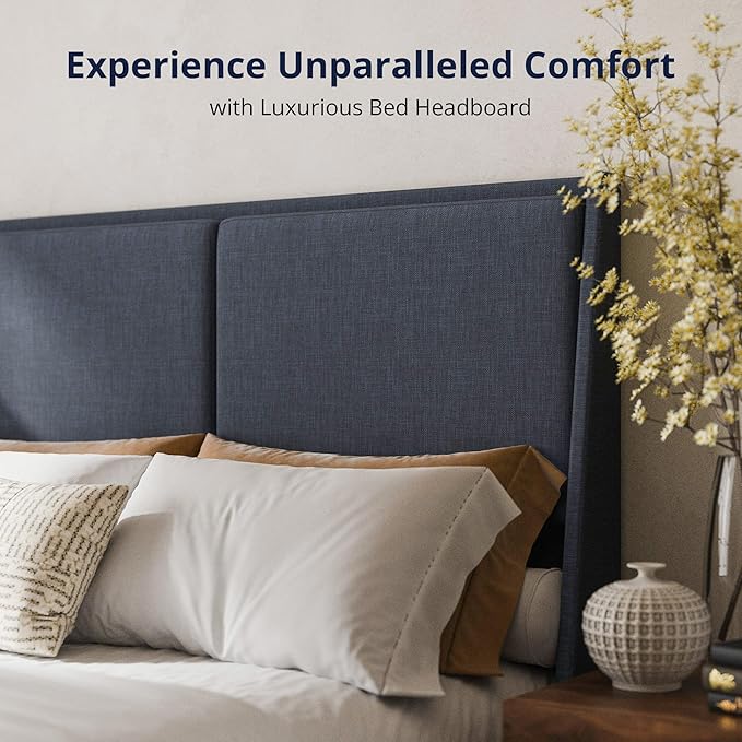 Cozy Castle Queen Size Upholstered Platform Bed Frame with 51.2" Tall Wingback Headboard, Double Backrest Metal Bed Frame, No Box Spring Needed, Easy Assembly, Bedroom Furniture, Navy Blue
