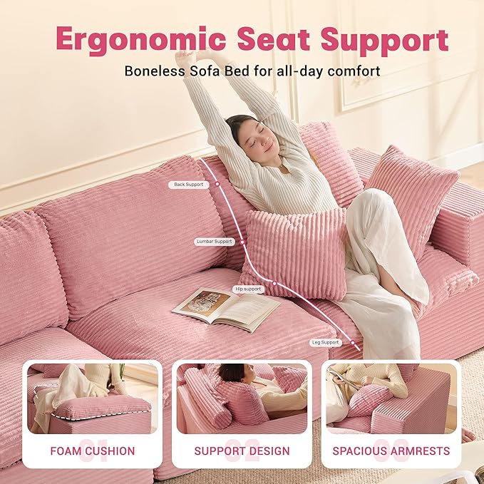 106.3” Sectional Couches for Living Room, Set of Cloud Couch, Modular Sectional Sofa, Convertible Sofas Bed, Deep Seat Sofa, Corduroy, Pink