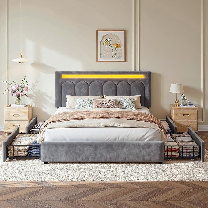 Homkdom Velvet Upholstered Full Size Bed Frame with 4 Storage Drawers, Vertical Arched LED Headboard, Sturdy Wood Slats Support, No Box Spring Needed, Grey