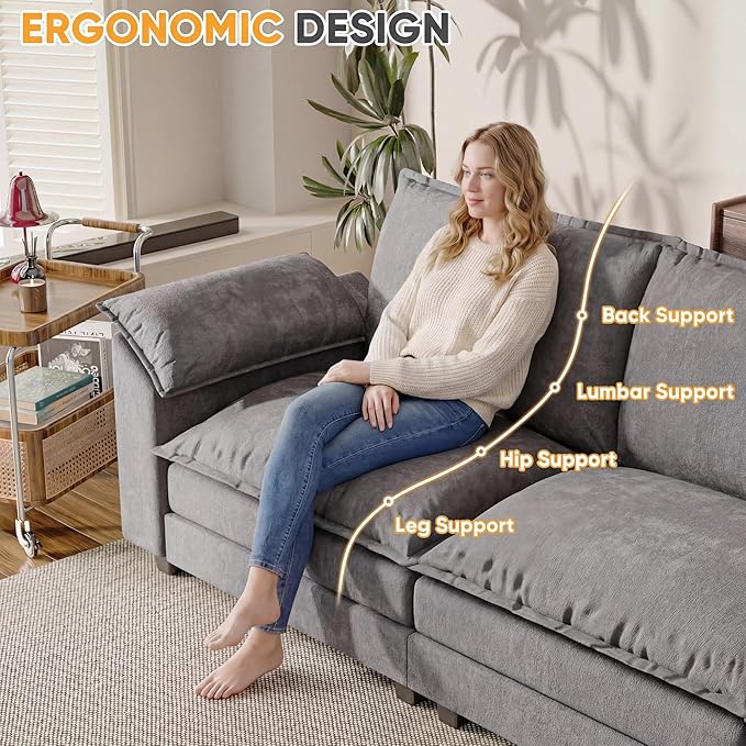 Loveseat 2 Seater Sofa with Double Layer Cushion, Cloud Couch with Deep Seat, Comfy Chenille Sofa Couches for Living Room & Apartment (Light Grey, Loveseat Sofa)