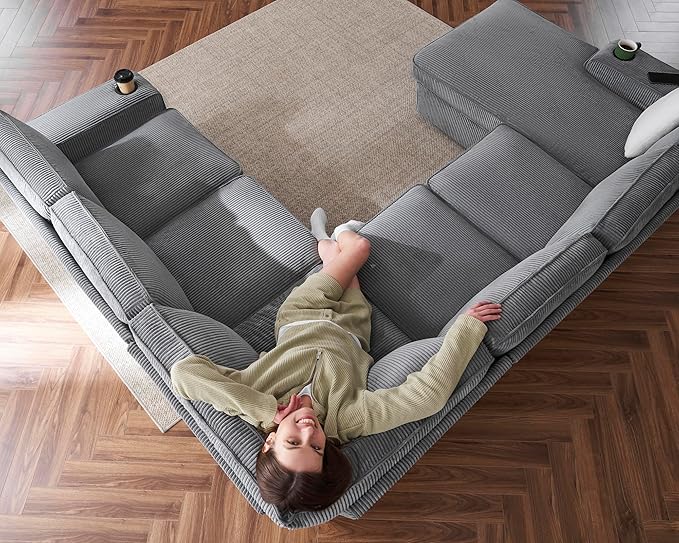 PaPaJet Oversized Sofa, 112 inch U Shaped Sofa with USB Ports, Sectional Couch with Storage Chaise, Corduroy Grey
