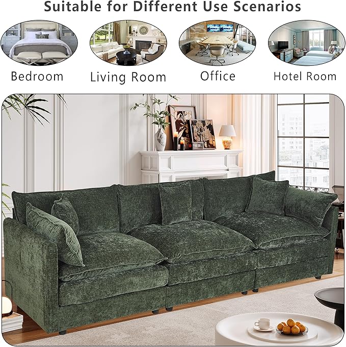 Setawix Chenille Cloud Couches for Living Room,3 Seater Cloud Sofa Couch with Deep Seat,112.2" Roomy Cloud Sofas,Modular Sectional 3 Seat Sofa with Pillows for Bedroom (Green, 3 Seater)