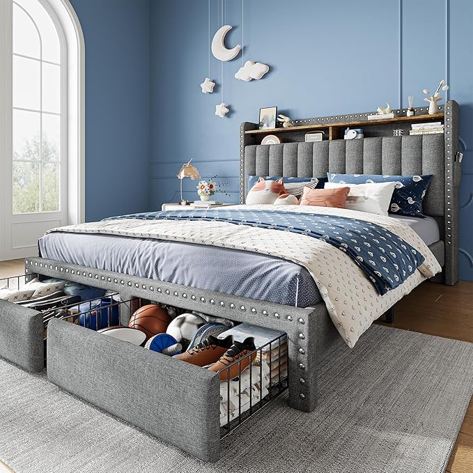 EnHomee Twin Bed Frame Upholstered Twin Bed with Storage Drawers and 2-Tier Vertical Tufted Headboard, Extra Storage Space for Bedroom Apartment, Grey