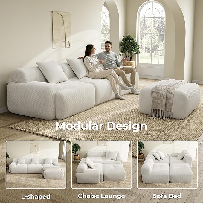 LIKIMIO LumiCord Modular Sectional Sofa with Ottoman, 118" L-Shaped Boneless Couch for Living Room, Oversized Deep Seat with Corduroy Upholstery, No Assembly Required, Beige
