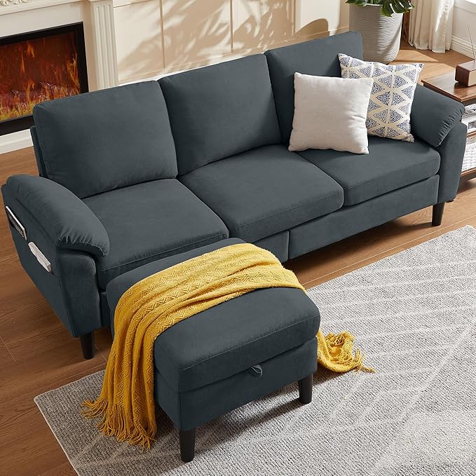 79" Convertible Sectional Sofa, Modern Linen Small L Shaped Couch with Reversible Chaise and Storage Ottoman, 3-Seat Sofa Couches for Living Room, Office, Apartment, Dark Grey