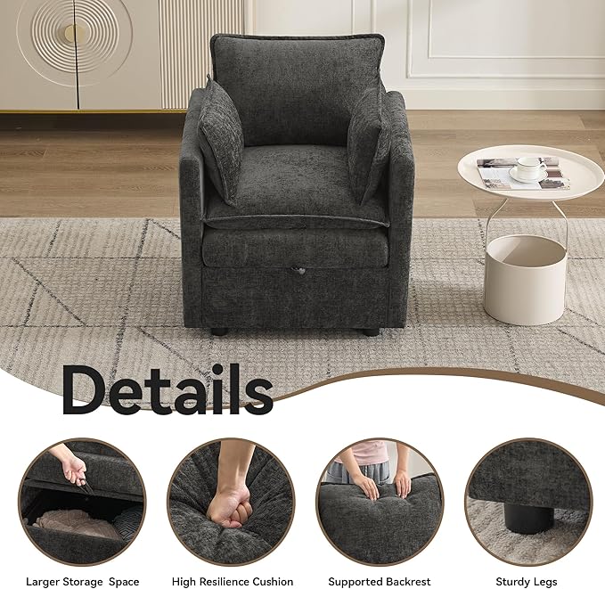 30" Cloud Modular Single Sofa Chair with Storage, Modern Upholstered Accent Chair Deep Seat, Chenille Reading Lounge Armchair for Living Room, Bedroom, Small Space, Dark Grey | Single Sofa, Accent Chair, Reading Lounge, Armchair, Chenille Sofa
