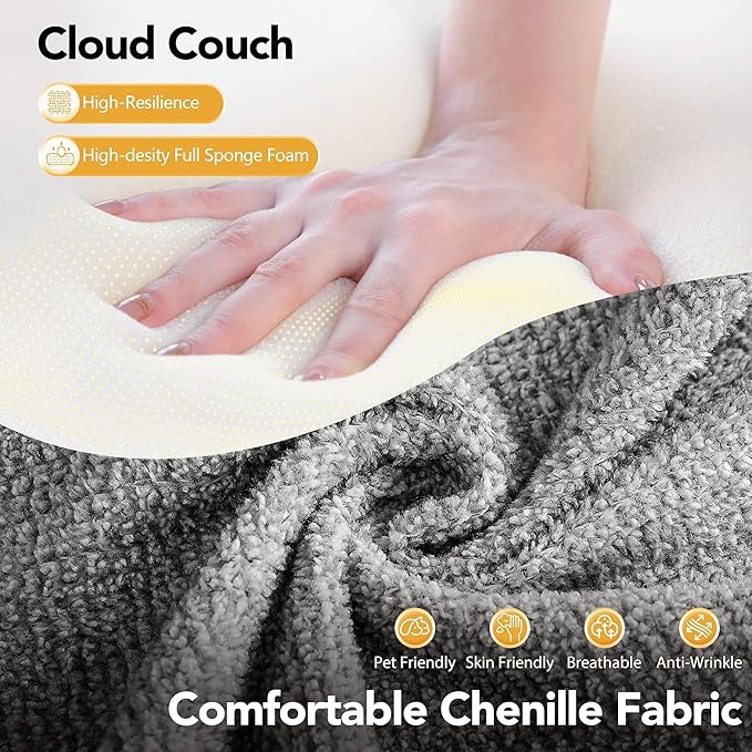 2026 New 105.5”Cloud Boneless Sectional Sofa for Living Room, L-Shaped 4-Seater Modular Couch with Ottoman, 4 Pillows, Deep Seat Chenille Fabric Sofa, No Assembly, 72H Full Restore, Light Grey