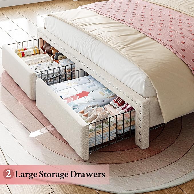 EnHomee Full Size Bed Frame, Upholstered Full Bed Frame with 2 Storage Drawers and 2-Tier Headboard, Vertical Tufted Headboard Design, Extra Storage Space for Bedroom Apartment, Beige