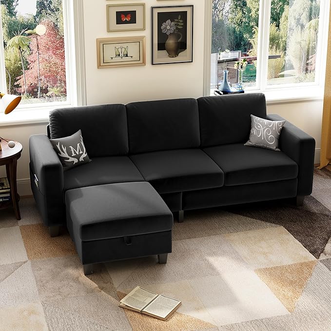 78" Sectional Sofa Couches for Living Room, Black Convertible L Shaped Couch with Storage Ottoman, Deep Seat Pet-Friendly Velvet Fabric Sofa Set for Small Space, Apartment, Dorm
