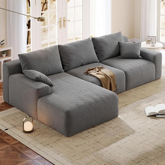 97”Modular Sectional Sofa, Cloud Sectional Couch with Deep Seat, Modern Modular L-Shape Sofa Couch, Upholstered Boneless Couches for Living Room Bedroom (Grey Check, Left Facing Chaise)