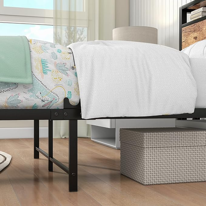 BOFENG Twin Bed Frame with Storage Headboard/USB Charging Station,Heavy Duty Metal Platform Bed Frames Twin Size No Box Spring Needed,Firm Steel Slats Support,Noise Free,Rustic Brown