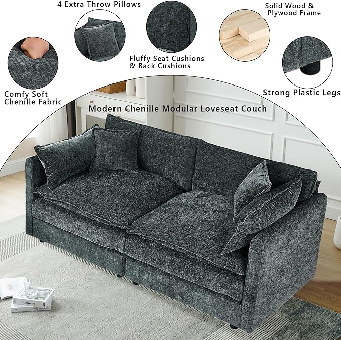 Setawix Chenille Loveseat Sofa Couch with Deep Seat,Large 2 Seater Cloud Couches for Living Room,77.16" Roomy Cloud Sofas,Modular Sectional 2 Seat Sofa with Pillows for Bedroom. (Grey, 2 Seater)