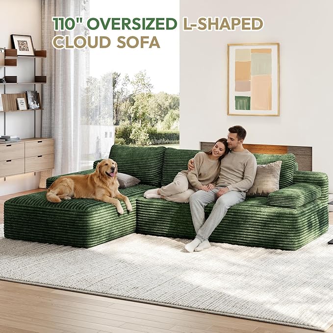 Yaheetech 110" Modular Sectional Sofa Corduroy Boneless Couch with Chaise L-Shape Cloud Couch with Detachable Pillows No Assembly Sofa for Living Room, Green