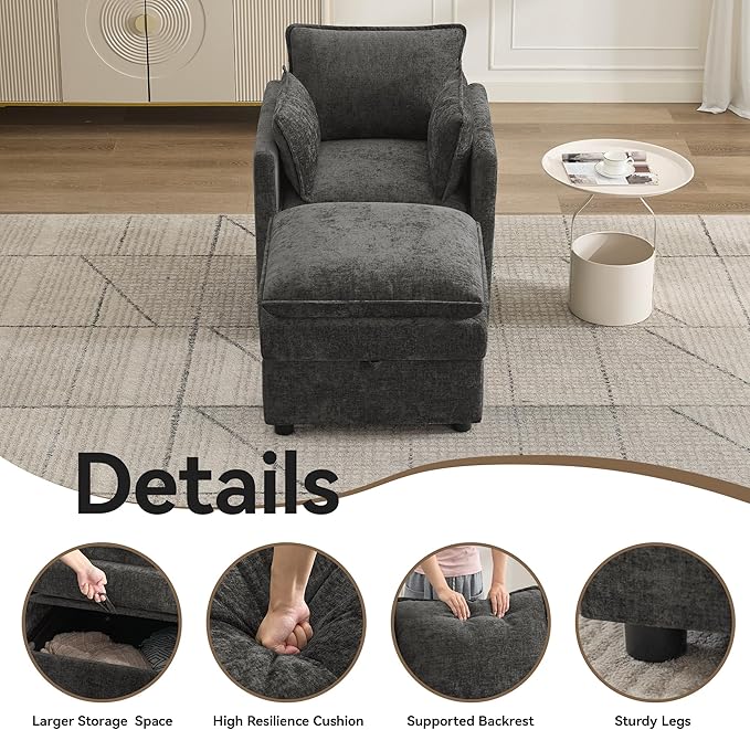 30" Cloud Modular Single Sofa Chair with Storage Ottoman, Modern Upholstered Accent Chair with Storage, Chenille Reading Lounge Armchair for Living Room, Bedroom, Small Space, Dark Grey | Storage Ottoman, Upholstered Chair, Accent Chair, Reading Lounge...